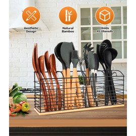 PrimZooty Extra Large Utensil Holder for Kitchen Counter - 15.7"x 6.7"x 4.4", Aesthetic Design, Anti-Slip Mat, 4 Compartments, Black Cooking Utensil Organizer for Countertop, Spatula Utensil Caddy