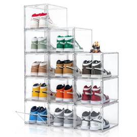 12 Pack X-Large Acrylic Clear Shoe Boxes,Professional Boot and Hat Display Case Organizer,Purse Organizer for Closet,360° Clear Plastic Stackable Sneaker Storage for Sneakerhead,Fits US Size 14.5