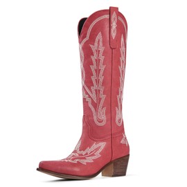 Cowboy Boots for Women Cowgirl Knee High Red Boots with Classic Embroidered Pull On Pointed Toe Chunky Heel Vintage Wedding Country Tall Western Boots Size 10