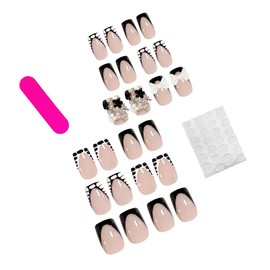 Short Press on Nails Short Fake Nails with 3D Bow Star Charms Designs Black French Tip Press on Nails Flower Charms Glue on Nails Polka Dot Acrylic Full Cover Sweet False Nails with Jelly Glue 24PCS
