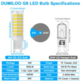 DUMILOO G9 LED Bulb 6W,60W Halogen Equivalent,4000K Natural White,High Brightness 600LM, AC120V T4 G9 Bulbs with Long Lifespan for Chandeliers Home Lighting,G9 Bi-Pin Ceramic Base,Non-Dimmable,6 Pack