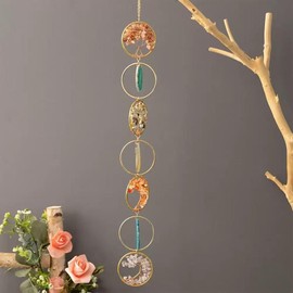 7 Chakra Crystals Hanger, Decorative Sun Catcher Pendant, Natural Gemstones, Wall Hanging, Ornament, Wall Hanging, Yoga Wall Art, Ornaments for Bedroom (Colourful 7 Rings)