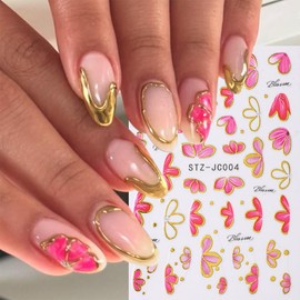 6 Sheets Flower Nail Stickers for Nail Art 3D Self Adhesive Floral Nail Art Stickers Gold White Pink Flowers Design Nail Decals Spring Summer Nail Supplies for Women Girl Nail Decoration