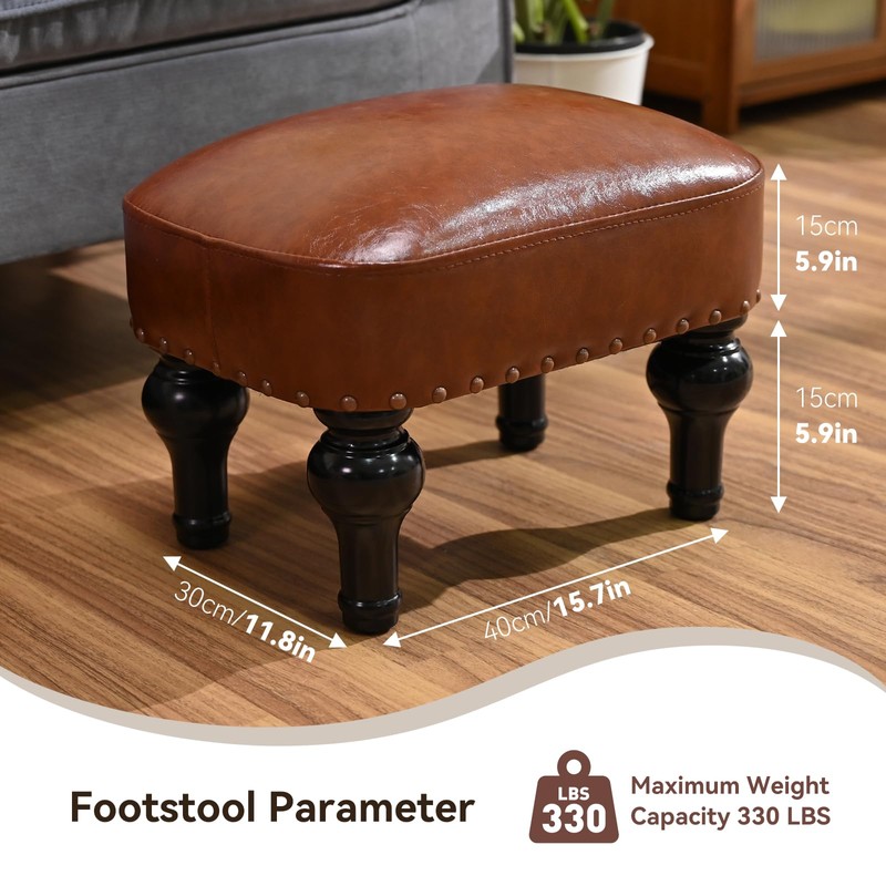 DSGAMER Leather Ottoman Footrest,Rustic Foot Stools Seat,Wood Footstool Rectangle Footrest