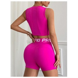 SweatyRocks Women's 2 Piece Workout Set Zip Up Graphic Crop Tank Top and Biker Short Tracksuits Hot Pink Large