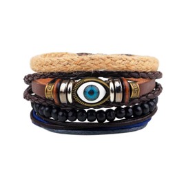 SBI Jewelry Blue Evil Eye Leather Bracelet for Women Black Beaded Leather Wraps for Gif for Men Wife Sister Best Friends Brother Family Cousin Family Christmas