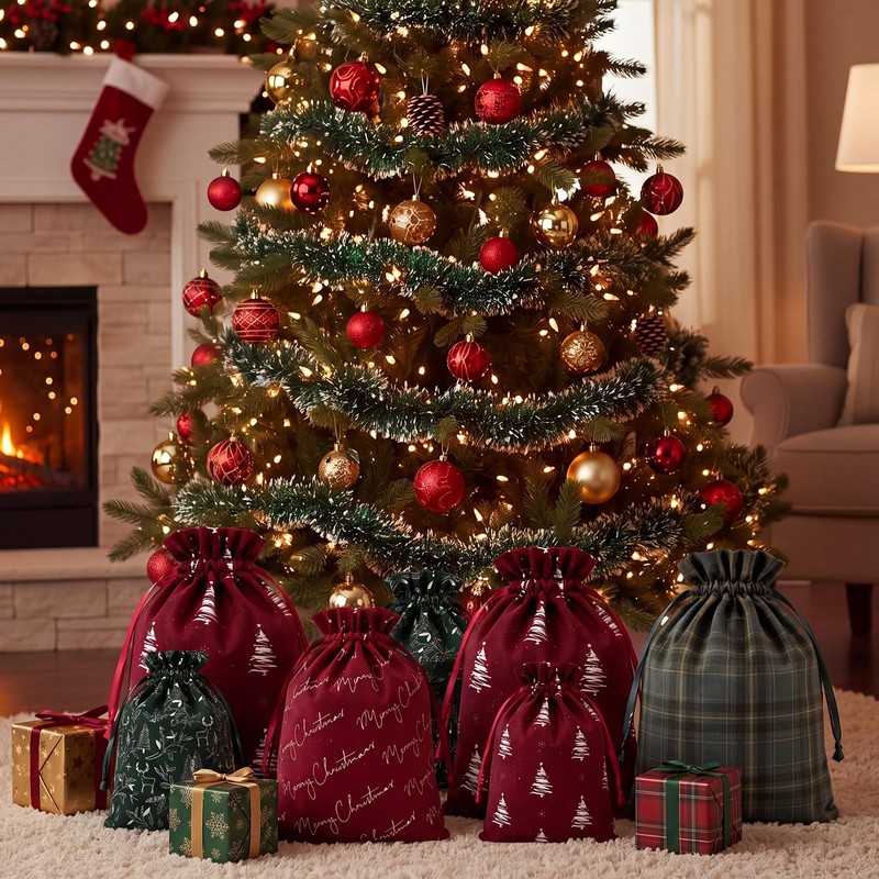 6 Pcs Christmas Tree Drawstring Gift Bags, 10" 16" 20"