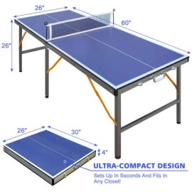 5ft Mid-Size Table Tennis Table Foldable & Portable Ping Pong Table Set for Indoor Games with Net, 2 Table Tennis Paddles and 3