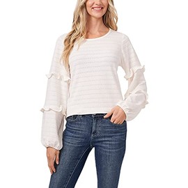 CeCe Long Sleeve Daisy Clip Jacquard Blouse w/Ruffle Detail Soft Ecru LG