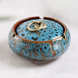 Handmade Ceramic Ashtray with Lids, Windproof Ashtray Smokeless for Indoor or Outdoor, Ash Holder for Patio Desktop Office Smokers, Ash Tray for Tabletop Home Office Decor (Mix Blue, M-Size)