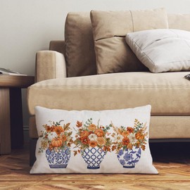Fall Throw Pillow Covers 12x20 Inch Pumpkins Floral Ginger Jars Thankful Blessed Orange Autumn Seasonal Chinoiserie Decorative Farmhouse Decoration for Home