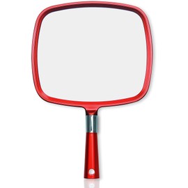 Mirrorvana Espejo de Mano Grande y cómodo con asa, Modelo barbero para peluquería y salón - 1 Unidad (Rojo)