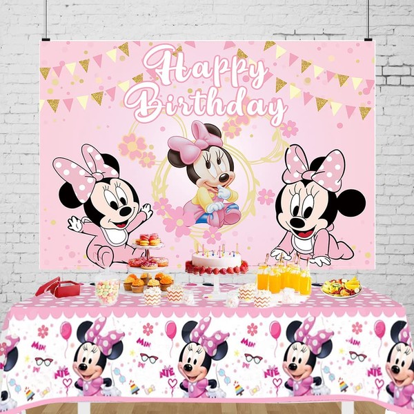 Pink Cartoon Mouse Backdrop and Tablecloth for Girls Birthday Party Decorations Baby Shower Mouse Birthday Party Photography Background Banner with Table Cover for Girls Party Supplies (6x4ft)