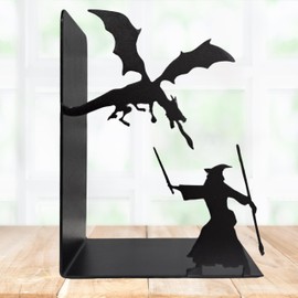 HeavenlyKraft Decorative bookends for Shelves, Heavy Metal Bookends, Unique Bookends, Non Skid Book Ends, Book Stopper for Home/Office Decor/Shelves, 7 Inch Tall Wizard and Dragon Design, Black, 3lb
