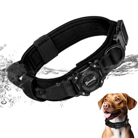 RHXOFYANG Dog Collar with Airtag Holder, Airtag Dog Collar IP68 Waterproof with Control Handle and Metal Buckle, Military Tactical Air Tag Dog Collar Holder for Medium Large Dogs(Black, M)