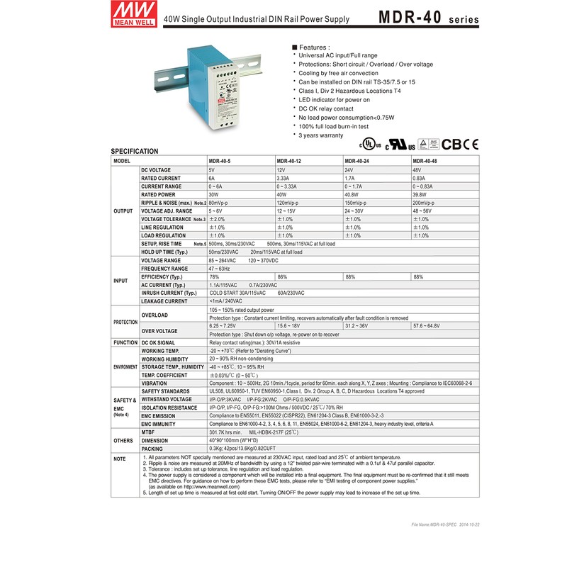 MW Mean Well MDR-40-12 12V 3.33A 40W Single Output Industrial