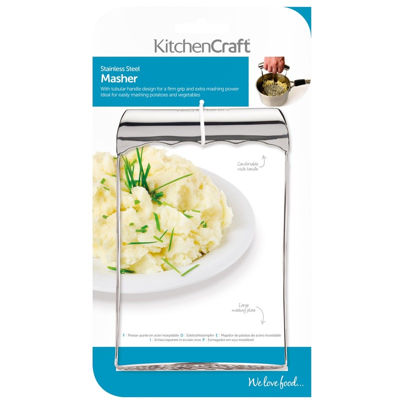 KitchenCraft Round Potato Masher with Short Handle, Stainless Steel, 7