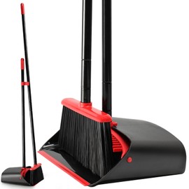 TreeLen Dust Pan and Broom/Dustpan Cleans Broom Combo with 52" Long Handle for Home Kitchen Room Office Lobby Floor Use Upright Stand Up Broom and Dustpan Set - Black/Red