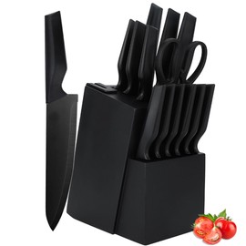 Knife Set, 14 Pieces Kitchen Knife Set with Built-in Sharpener Block, Self Sharpening Knives Sets, Stainless Steel Knife Block Set, Black