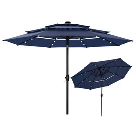 MFSTUDIO 10ft 3 Tier Solar Patio Umbrella, Outdoor Market Umbrellas with 24 LED Lights, Auto-tilt, Sun Shade for for Backyard Deck Garden, Navy Blue