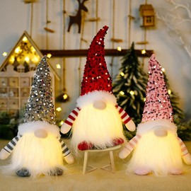 KAHF 2Pcs Christmas Gnomes Decorations Fireplace Mantel Decor for Home Indoor Gnomes at Night Light for Kids, 12" Handmade Swedish Gnomes Plush Sequin Hat Decor at Night Table Decor