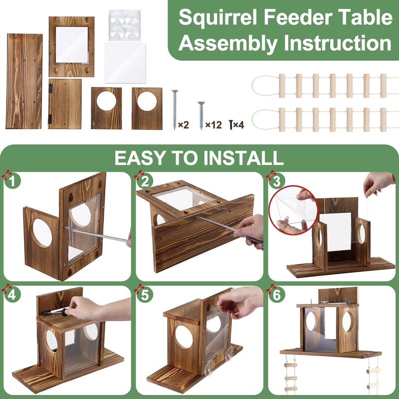 Enhon Wood Squirrel Feeder for Outside, Window Squirrel Feeder with