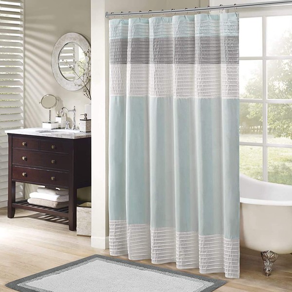 Madison Park Amherst Bathroom Shower Curtain Faux Silk Pieced Striped Modern Microfiber Bath Curtains, 72x72 Inches, Aqua