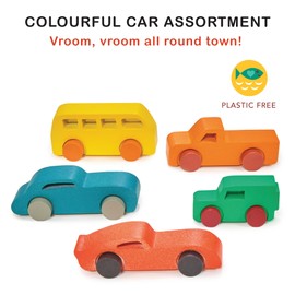 Mentari Toys - Colourful Car Assortment - 5 Wooden Toy Cars Set for Car Adventure - Imaginative Play and Stacking Games - Age 18m+