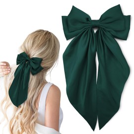 Hair Bows Silky Satin Hair Bow for Hair Ponytail Holder Hair Ribbons Bows Hair Clips Vintage Hair Accessories for Women Girls (Green Hunter,1Pcs)