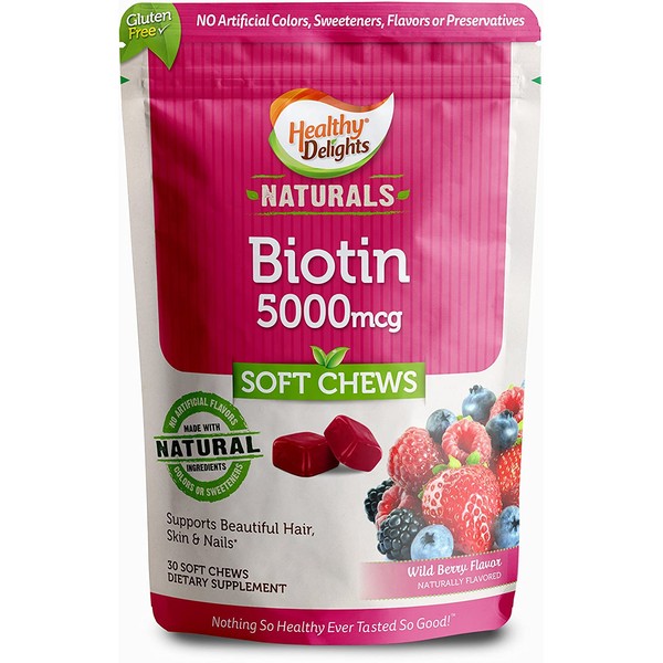Healthy Delights Naturals - Biotin Soft Chews - Support and Nourishment for Lustrous Hair, Glowing Skin, Strong Nails - With 5,000 mcg of Biotin - Delicious Wild Berry Flavor - 30 Count