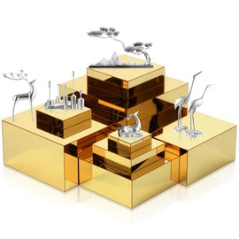 Geelin 8 Pack Acrylic Cube Risers Acrylic Boxes for Food Display Decorative Stands with Hollow Bottoms for Jewelry Food Buffet Risers Display Candy Table Decor, 8 Sizes(Gold)