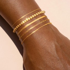 CTEEGN Stack Dainty Gold Beaded Bracelets Set for Women Trendy Tarnish Stackable Pack Layered 14K Chain Paperclip Bracelet Accessories Stacking Trending Small Simple Adjustable Vintage Jewelry Gifts