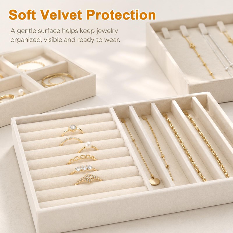 Velvet Jewelry Drawer Organizer Trays, 4-Layer, Beige