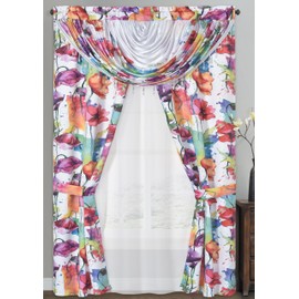 GOHD Painting Print,Farmhouse 6pcs Multi-Color Floral Window Curtain Set, 50-Inch W x 90-Inch L Panels with Waterfall Valance and Voile Backing,Included 2pcs Fabric tie-Backs,Blossom in Rain