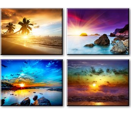 Beach Theme Decor for Bedroom, PIY HD Beautiful Sunset Sea Wall Art, Colorful Canvas Prints Home Decorations (4 Piece 1" Thick Frame, Waterproof Artwork, Bracket Mounted Ready to Hang)