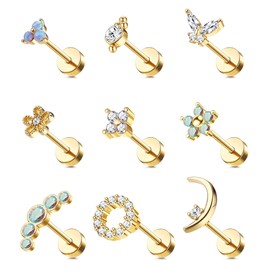 Morfetto 16G Knorpel Ohrstecker für Frauen 316L Edelstahl Schraube Flache Rückseite Ohrringe Schmetterling Mond Blume Opal Knorpel Tragus Daith Helix Piercing Ohrringe
