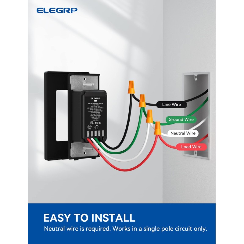 ELEGRP Smart Light Switch, 2.4GHz Wi-Fi Light Switch Compatible with