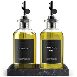 Verspace Olive Oil Dispenser Set With Silicone Tray & 40 Labels - 2 Black Bottles (500ml / 17oz) for Kitchen, Soy Sauce, Coffee Syrup