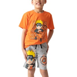 Naruto Shippuden Chibi Naruto Boy's T-Shirts Graphic Tee and Shorts Set-Small Orange