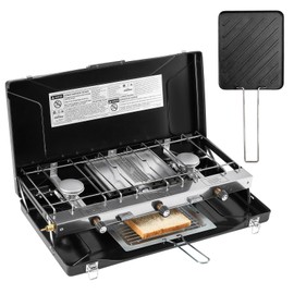 FineFlame Camping Stove, 3 Burners Propane Portable Camp Stove with Regulator & Griddle, Push-Button Instant Ignition, Portable Camp Grill, Adjustable Burners for Camping Cooking (BLACK-20400 BTUs)