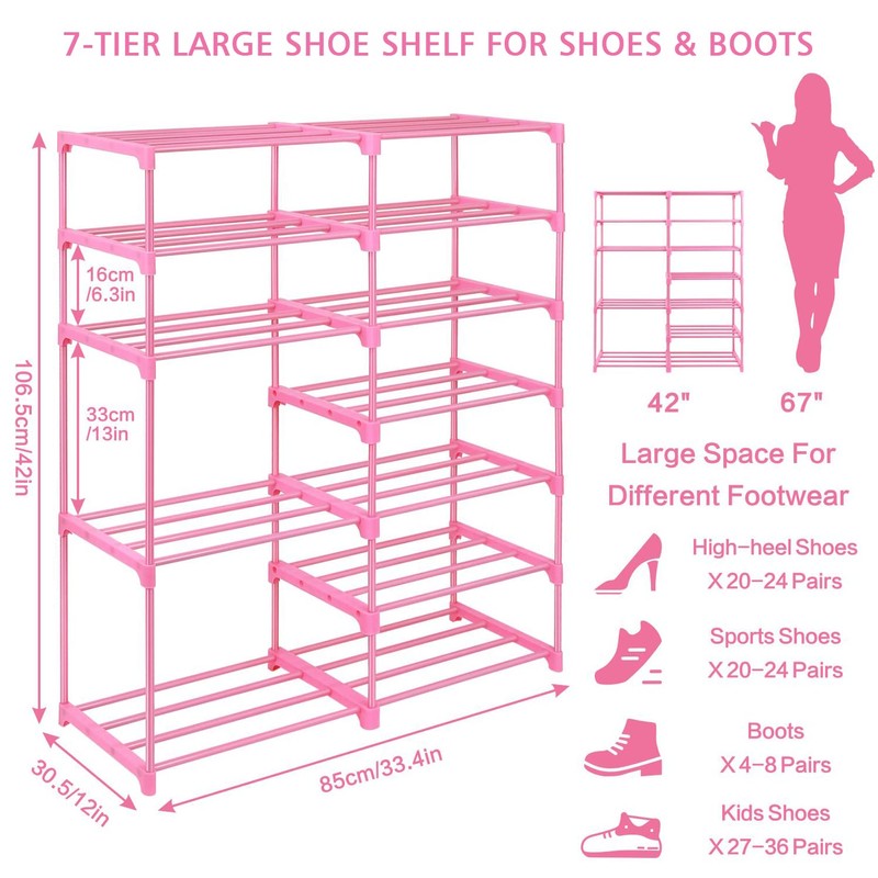 LNYZQUS 7-Tier Large Pink Shoe Rack, 24-30 Pairs Tall Shoe