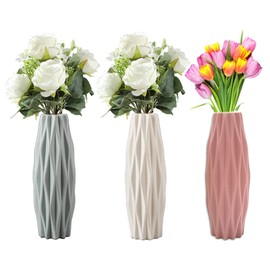 Plastic Vases, Pack of 3 Elegant Design Vases, Desktop Modern Decorative Ornament, Plastic Vase for Indoor, Bedroom, Living Room, Balcony, Table Decoration, Wedding, Kitchen, Office (3 Colours, 21 x