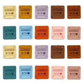 Houhounb Handmade Fabric Labels Tags Square Sewing Cloth Labels Leather Label Sewing with 4 Holes Hand Made with Love Label for DIY Sewing, Hat, Bag, Clothing Decor, 2.5 x 2.5 cm, 50 Pieces