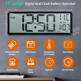 Mee 2ou Digital Wall Clock Battery Operated, 15" Digital Clock Large Display With Date And Day Of Week, Large Number Digital Clock With Temperature, Auto DST, Alarm, Snooze, 12/24-hour For Desk Office