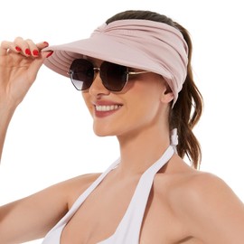 Sun Hats for Women UV Protection Sun Visor Wide Brim Summer Hats with Ponytail, Pink, One Size