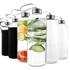 Kitchen Lux 32 oz Glass Water Bottle Set of 12 - Glass Water Bottles Caps & Sleeve, Reusable Glass Bottle Lids, Clear Glass Bottles, Refillable Glass Juice Bottles for Juicing, Juicer Bottles