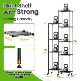 Abimars 74'' Tall Plant Stand with Wheels, Shelf Height Adjustable Metal Plant Shelf for 9 Potted Plants, DIY Assembly Indoor/Outdoor Plant Display Rack