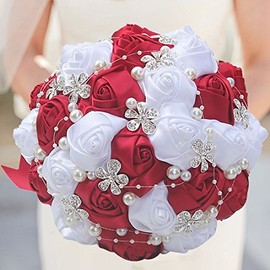 S-SSOY Customizable Romantic Wedding Bouquets Silk Flowers Bridal Holding Roses Bride Bridesmaid Brooch Bouquet with Pearl Diamond Crystal Ribbon Valentine's Day Free Corsage (Wine Red+White)