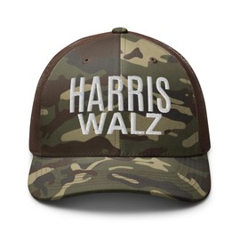 RIVEMUG WH Harris Walz Embroidered Camouflage Curved Bill Trucker Hat Low Crown Adjustable Kamala Harris Camo Cap