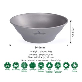 Boundless Voyage Ultralight Titanium Dish with Carry Bag Outdoor Camping Bowl Pan Plate Tableware Cookware (Ti15164B (600ml Bowl))